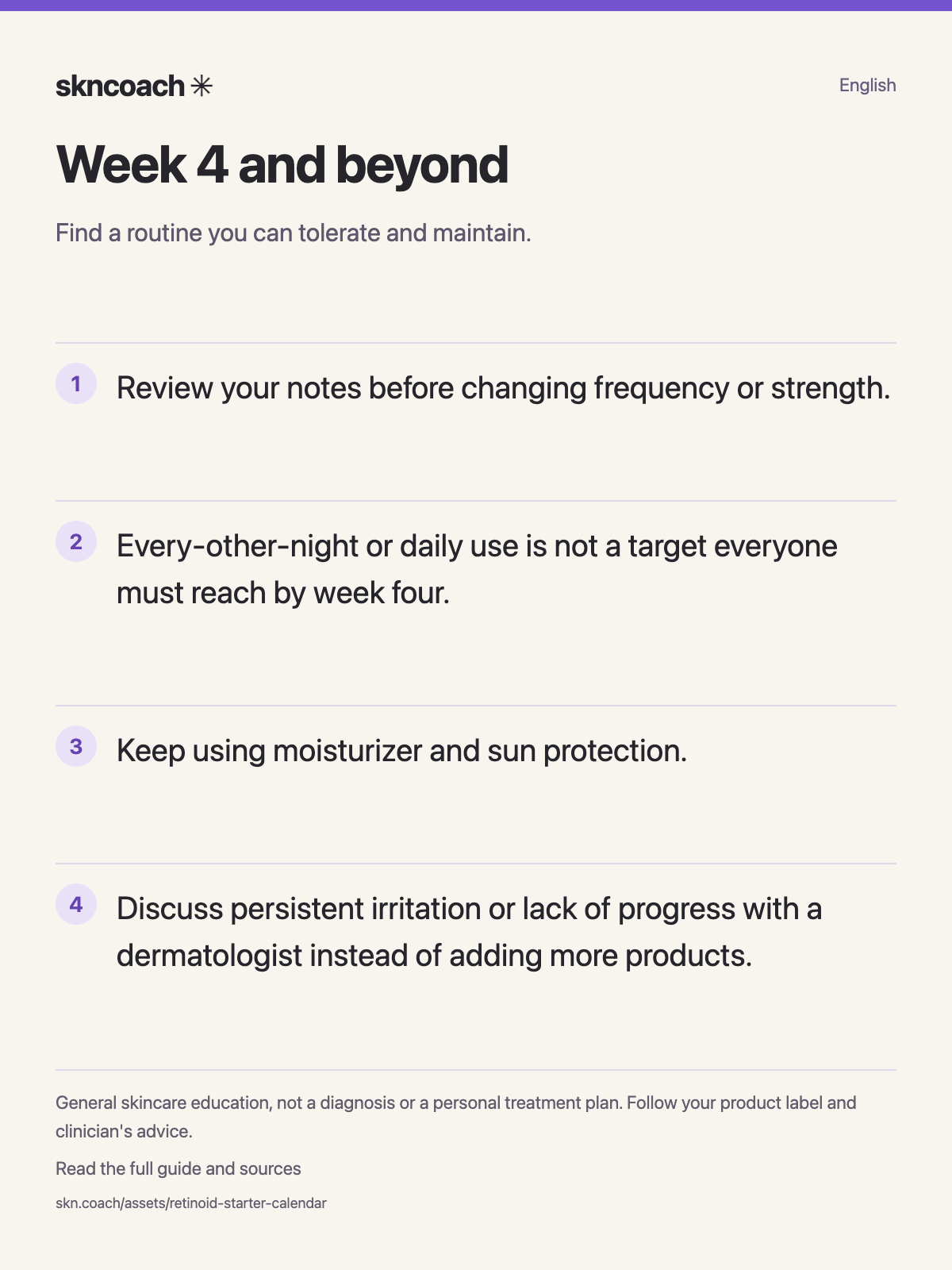 Week 4 and beyond: Find a routine you can tolerate and maintain.